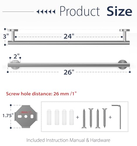 Brushed Nickel Towel Bar - 24 Inch SUS304 Stainless Steel Rod