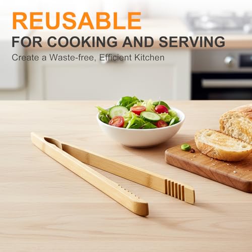 Premium Bamboo Toaster Tongs - 10 Inch Natural Wooden Serving & Cooking Utensils