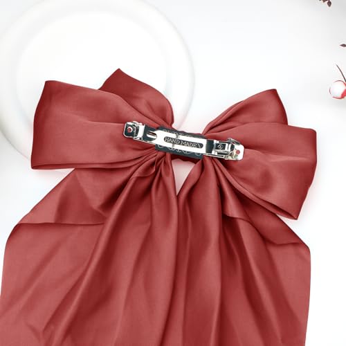 Kivzex Large Silky Satin Hair Bow Clip, Brick Red Long Tail Hair Ribbon