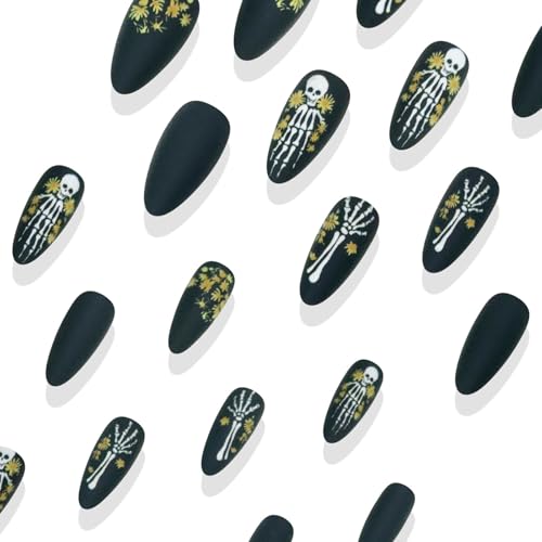 GCSQW Medium Almond Halloween Press on Nails Black Matte Skeleton Fake Nails