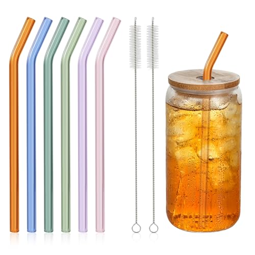 Colorful Reusable Bent Glass Drinking Straws - Set of 6 with Brushes