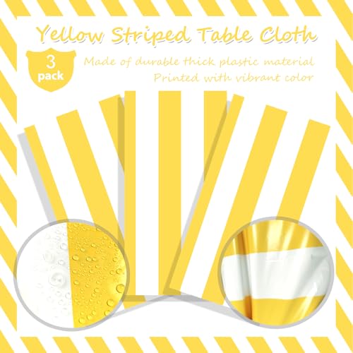 OQOQ Yellow and White Striped Disposable Tablecloths - 54x108 Inch, 3 Pack