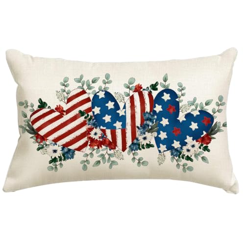 4th of July Pillow Cover 12x20 Inch | Patriotic Hearts Decor