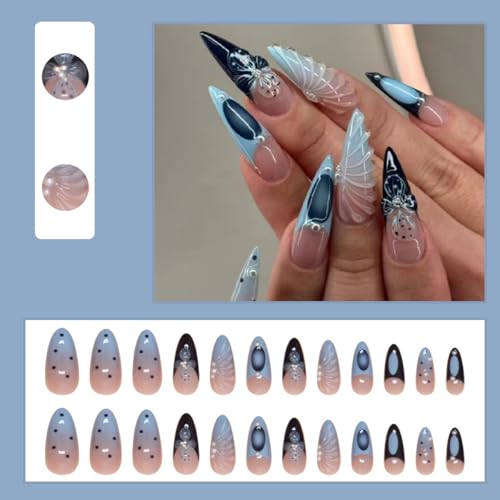 French Tip Press On Nails Long Almond Blue Black False Nails 24Pcs