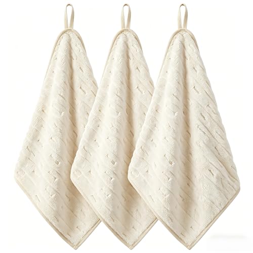 Microfiber Hand Towels 3 Pack with Hanging Loops - Quick Dry 14x29.6in (Beige)