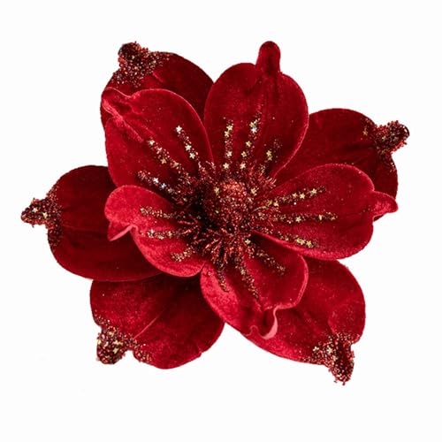 Artificial Glitter Magnolia Flowers Christmas Poinsettia Ornaments Picks - Red, 9.4 Inches, Set of 6
