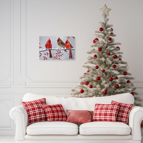 Christmas Cardinal Canvas Wall Art - Red Bird Winter Scene, 16x24 Inches, White Frame