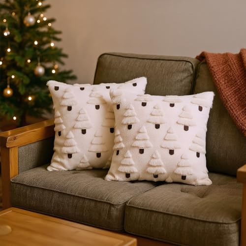 PARBEE Christmas Throw Pillow Covers 2-Pack, 18x18 Inch Fluffy Sherpa with Tree Embroidery