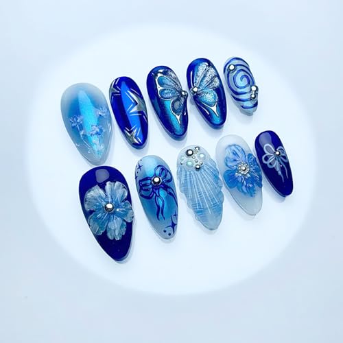 Blue French Tip Press On Nails Medium Almond Fake Nails with 3D Flowers