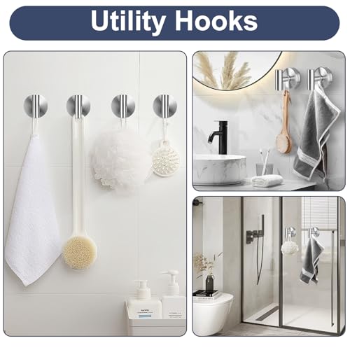 Silver Heavy Duty Suction Cup Hooks 4 Pack - No-Drill Bathroom Towel Holders