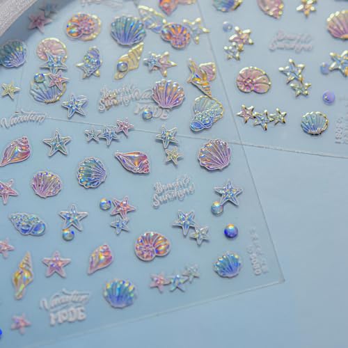 5D Embossed Marine Life Nail Stickers - Shell & Starfish Self-Adhesive Decals