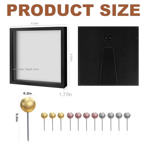 Ninsula 8x8 Shadow Box Frame with Linen Back and Pins - Black Display Case