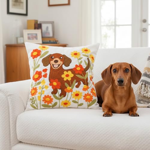 QIONG MENG Dachshund Pillow Cover 18x18 Inch Weiner Dog Embroidered Fall Decor