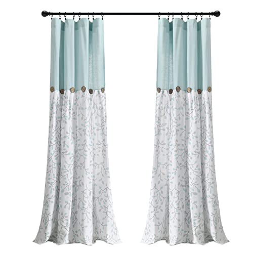 Lush Decor Linen Button Botanical Garden Window Curtain Panel Single 40" W x 84" L Blue & Gray - Farmhouse Curtains for Bedroom - Living Room Curtains