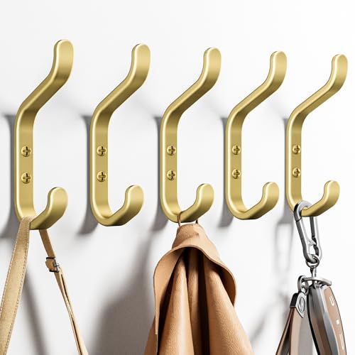 Gold Double Wall Hook for Hanging Coats - 22lbs Capacity, 5 Pack