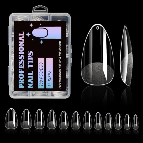 Lsnisni Short Almond Gel Acrylic Nail Tips Clear 288 PCS