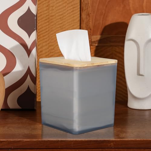 Black Square Tissue Box Cover with Bamboo Lid - Modern Farmhouse Decor