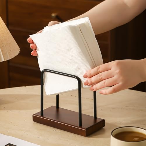 Modern Rectangular Napkin Holder with Wooden Base and Black Metal Frame