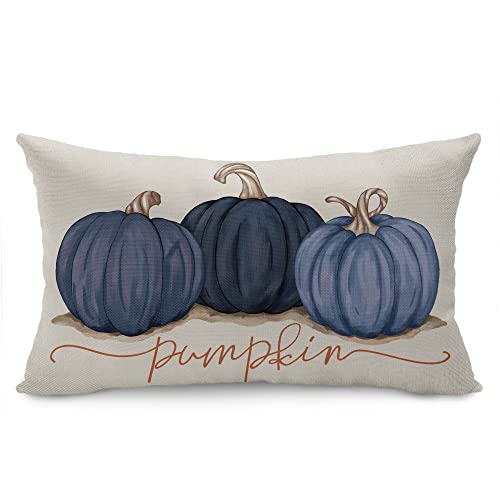 Blue Pumpkin Linen Pillow Cover 12x20 - Autumn Sofa Decor