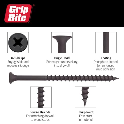 Grip-Rite #6 x 2" Coarse Thread Drywall Screws, Phillips Bugle Head, 5 lb