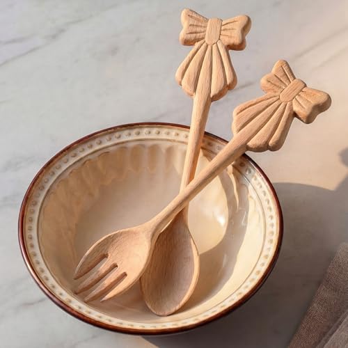 Linden Wood Salad Tongs Set - 9.8 Inch Spoon & Fork Utensils