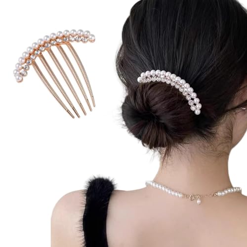 QUUPY Gold Pearl Hair Side Comb Rhinestone Bridal Hairpin Accessory