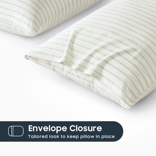Striped Pillow Cases Set of 2 - 100% Washed Cotton, Green & White, Standard Size 20x26 Inches
