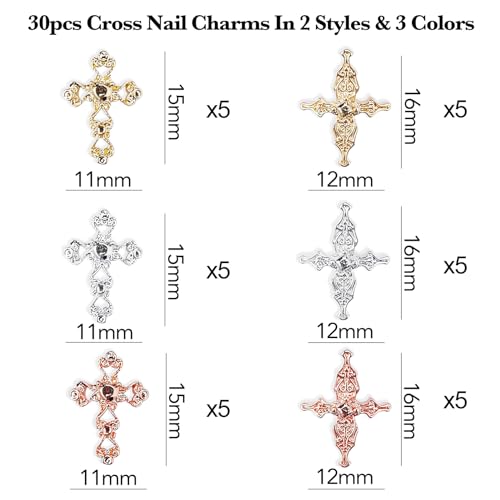 Kurilai 3D Metal Cross Nail Charms - 30Pcs Punk Alloy Nail Art Studs