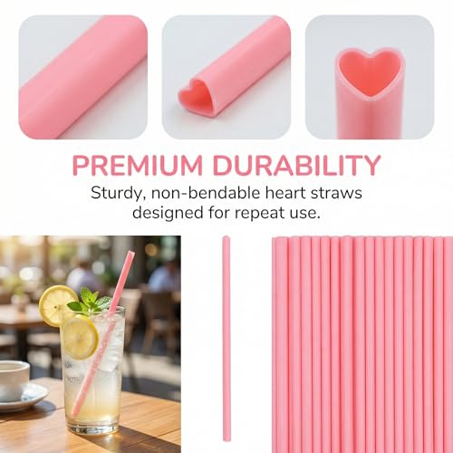 100 Heart Shaped Pink Straws - Individually Wrapped Disposable Straws for Parties