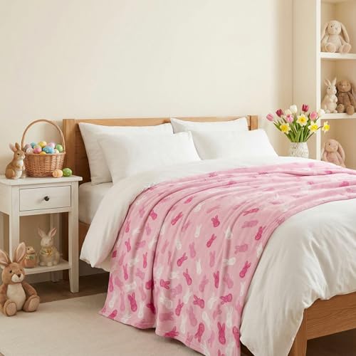 Horaldaily Pink Bunny Flannel Throw Blanket, Soft Plush Fleece 50x60 Inch
