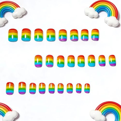 Rainbow Press on Nails Short Square Colorful Stripes Glossy Fake Nails 24Pcs