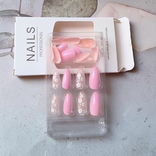 Pink Press on Nails Medium Almond Fake Nails with Flower Design 24 Pcs