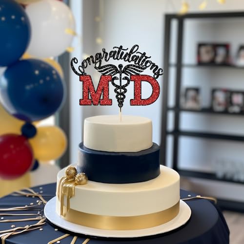 Congrats MD Cake Topper Black and Red Glitter Medical School Graduation Party