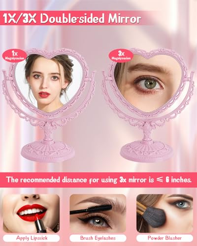 Pink Heart-Shaped Desk Mirror, Double-Sided Rotating Vanity Mirror