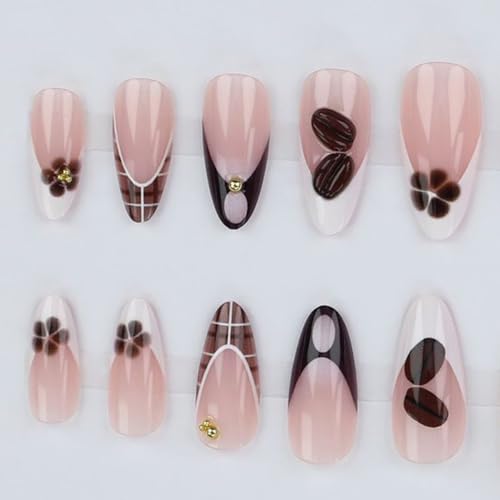 Brown French Tip Almond Press on Nails 3D Coffee Bean False Nails