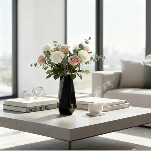 7.5 Inch Black Ceramic Vase - Modern Geometric Design for Home Decor - QEELINBO