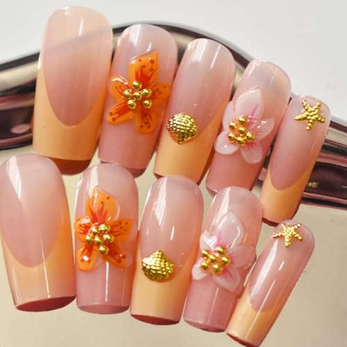 Long Square Press On Nails Yellow French Acrylic False Nails with Shell Design & Rhinestones
