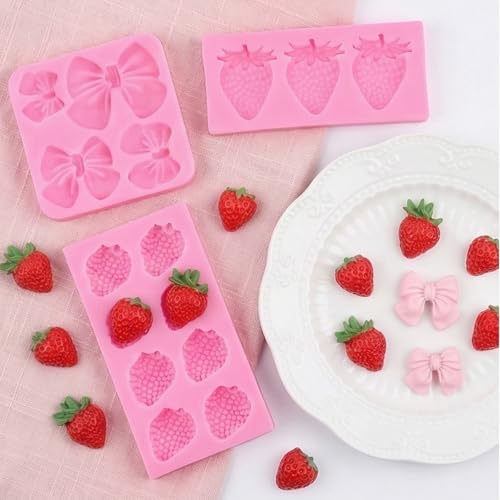 5-Piece Strawberry & Bow Silicone Fondant Molds for Cake Decorating