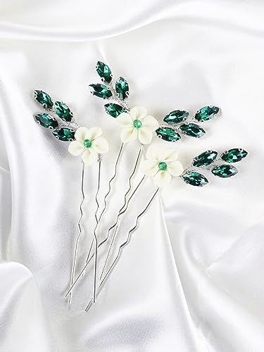 Brihasory Green White Flower Bridal Hair Pins 3PCS Rhinestone Hair Clips