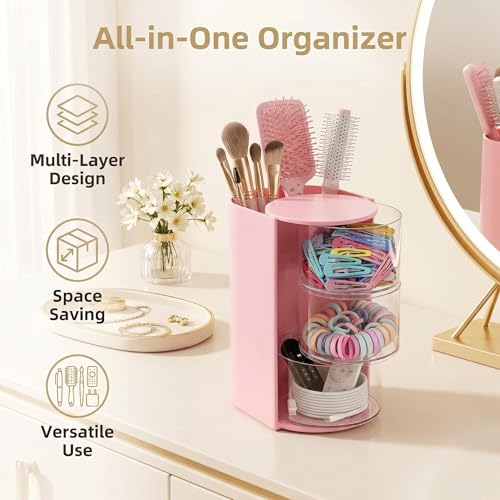 Hair Accessories Organizer with Rotating Brush Holder - 3-Tier Storage for Clips & Ties (Pink)
