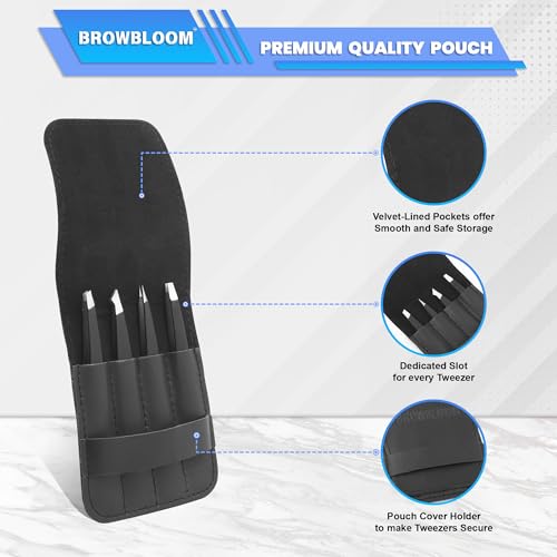 BROWBLOOM 4-Piece Stainless Steel Professional Eyebrow Tweezers Set with Pouch