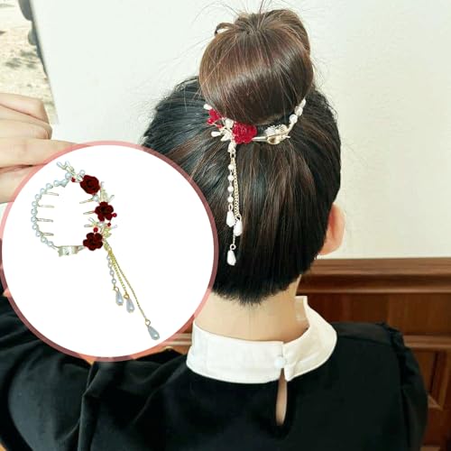 Rose Pearl Hair Claw Clip with Floral Tassel for Elegant Updo Styling