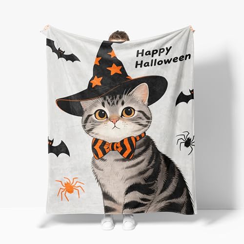 Witch Cat Halloween Throw Blanket, Soft Flannel Fleece, 40x50 Inch