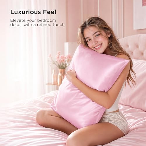 Bedsure Satin Pillowcase Set 2 Pack with Zipper - 20x26 Pink, Silk-Like Bed Pillow Covers