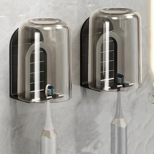 HOOALEE Wall Mounted Toothbrush Holder Set - Black Self-Adhesive Bathroom Organizer with 2 Cups