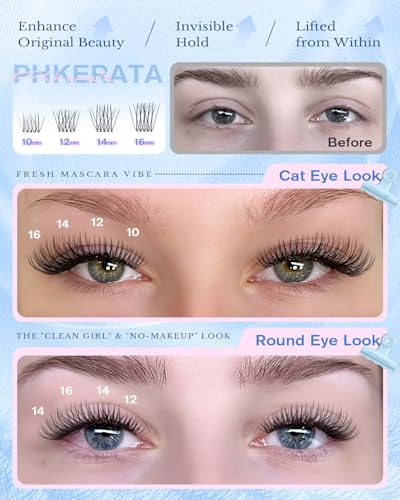 PHKERATA Wispy Lash Clusters with Clear Band C Curl DIY Individual Eyelashes