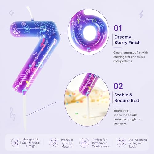 Kpop 7th Birthday Candle with Music Notes - Purple Gradient Cake Topper