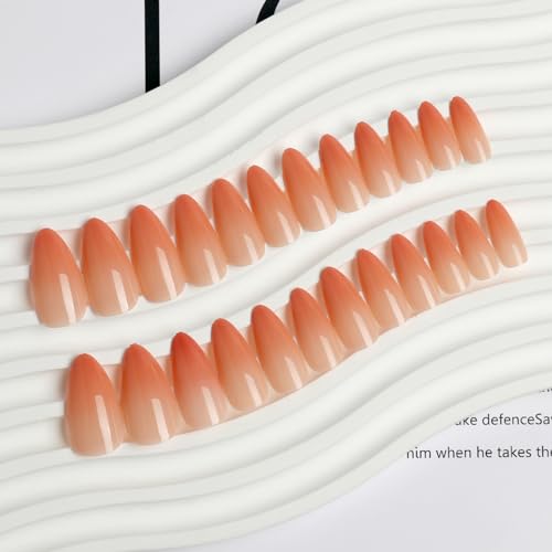 BFY Medium Almond Press on Nails Gradient Orange Glossy False Nails Kit