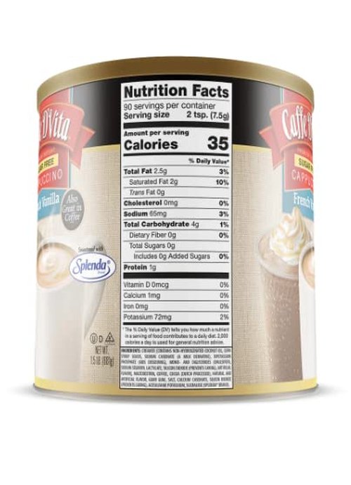 Caffe D'Vita Sugar Free French Vanilla Cappuccino - Instant Coffee Powder Mix, Gluten Free, No Cholesterol, No Hydrogenated Oils, 99% Caffeine Free - 1.5 Lb Can
