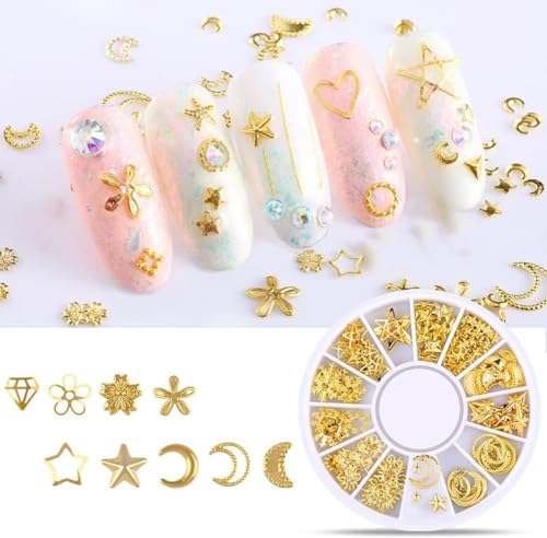 Tnyvm Gold Nail Charms Set with Rhinestones Pearls and Metal Studs 3D DIY